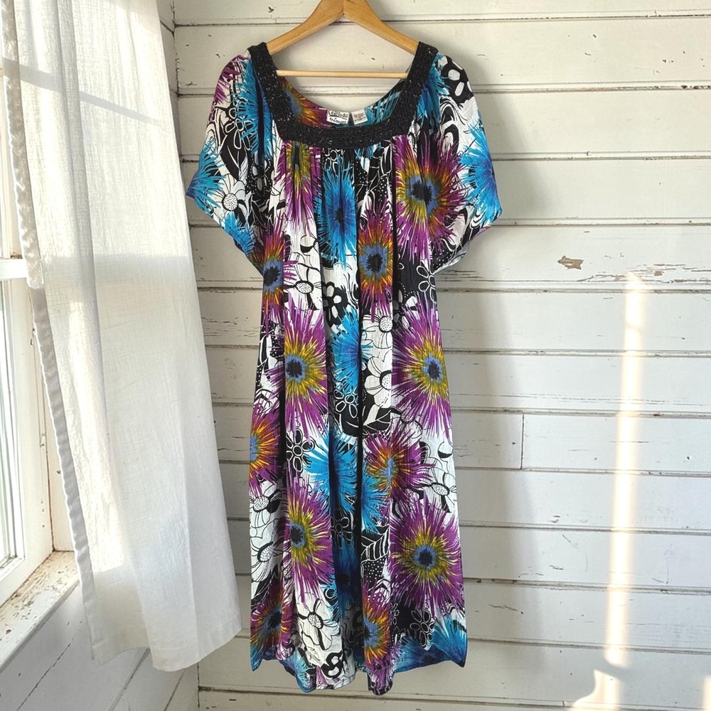 Vintage Muumuu Dress 1X Multi 100% Cotton Gauze Floral Burst Bright Pockets Boho